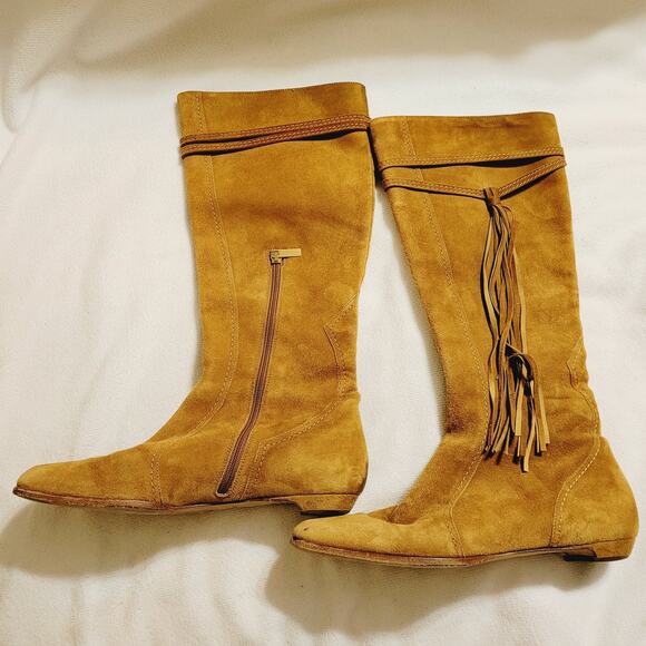 Jimmy Choo Lulu Brown Suede Fringe Tassel Flat Riding Western Boots Size 7 - Picture 1 of 12